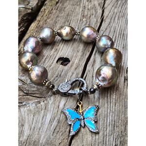 GORGEOUS Suzy T Designs Freshwater Pearl, Sterling w/Diamond Chip Clasp Bracelet